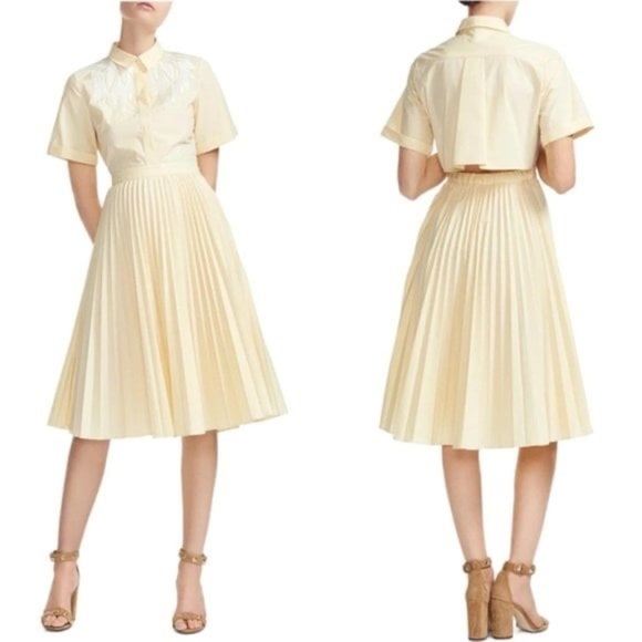 Maje Rivers Dress Embroidered Cutout Poplin Pleated Size 1 US Small Short Sleeve - Picture 1 of 14